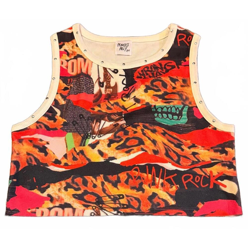 Princess Polly Graphic Mesh Crop Top Pink Rock Flame Y2K Sleeveless XXS